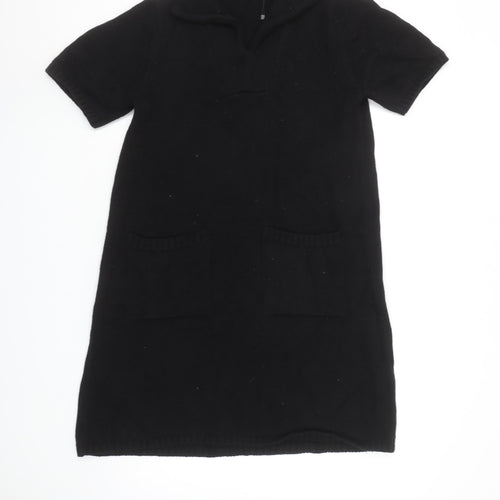 ZARA Womens Black Cotton Knit Jumper Dress Size 10 Short Sleeve Collared