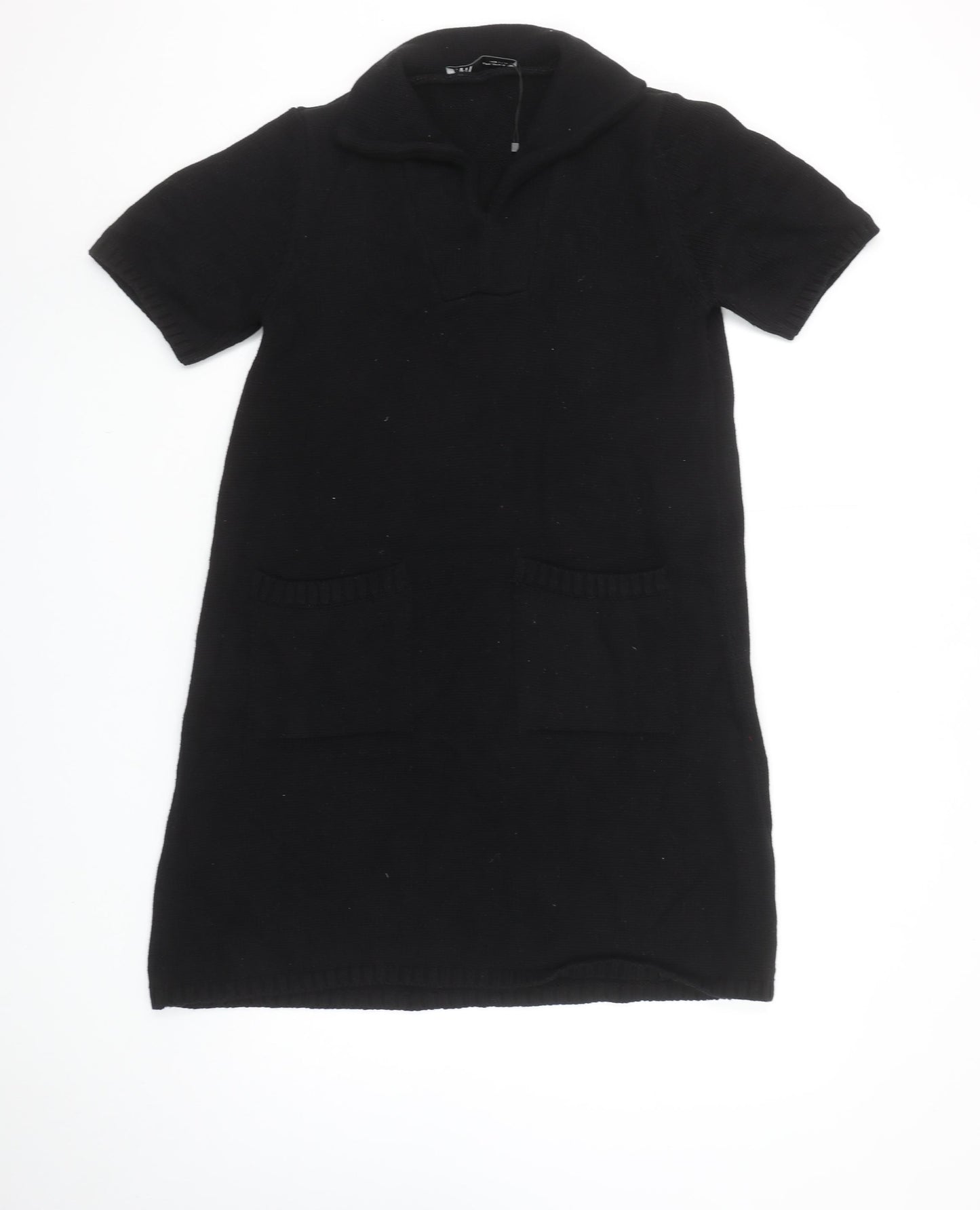 ZARA Womens Black Cotton Knit Jumper Dress Size 10 Short Sleeve Collared