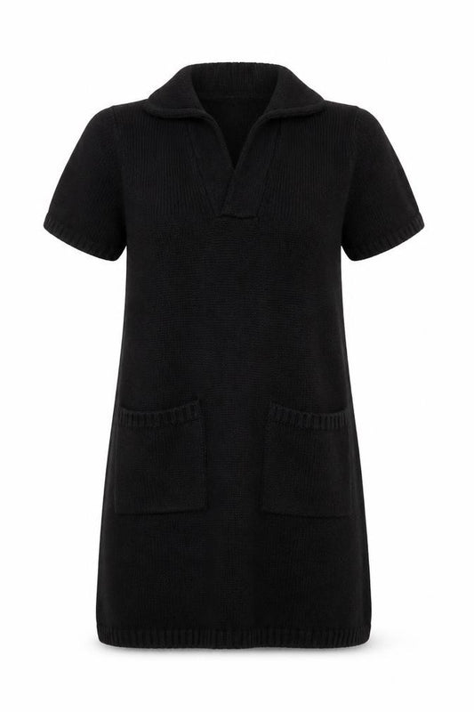 Front view of Zara women’s black cotton knit jumper dress, size UK 10, short sleeve collared