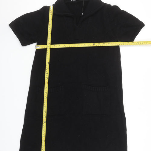 ZARA Womens Black Cotton Knit Jumper Dress Size 10 Short Sleeve Collared