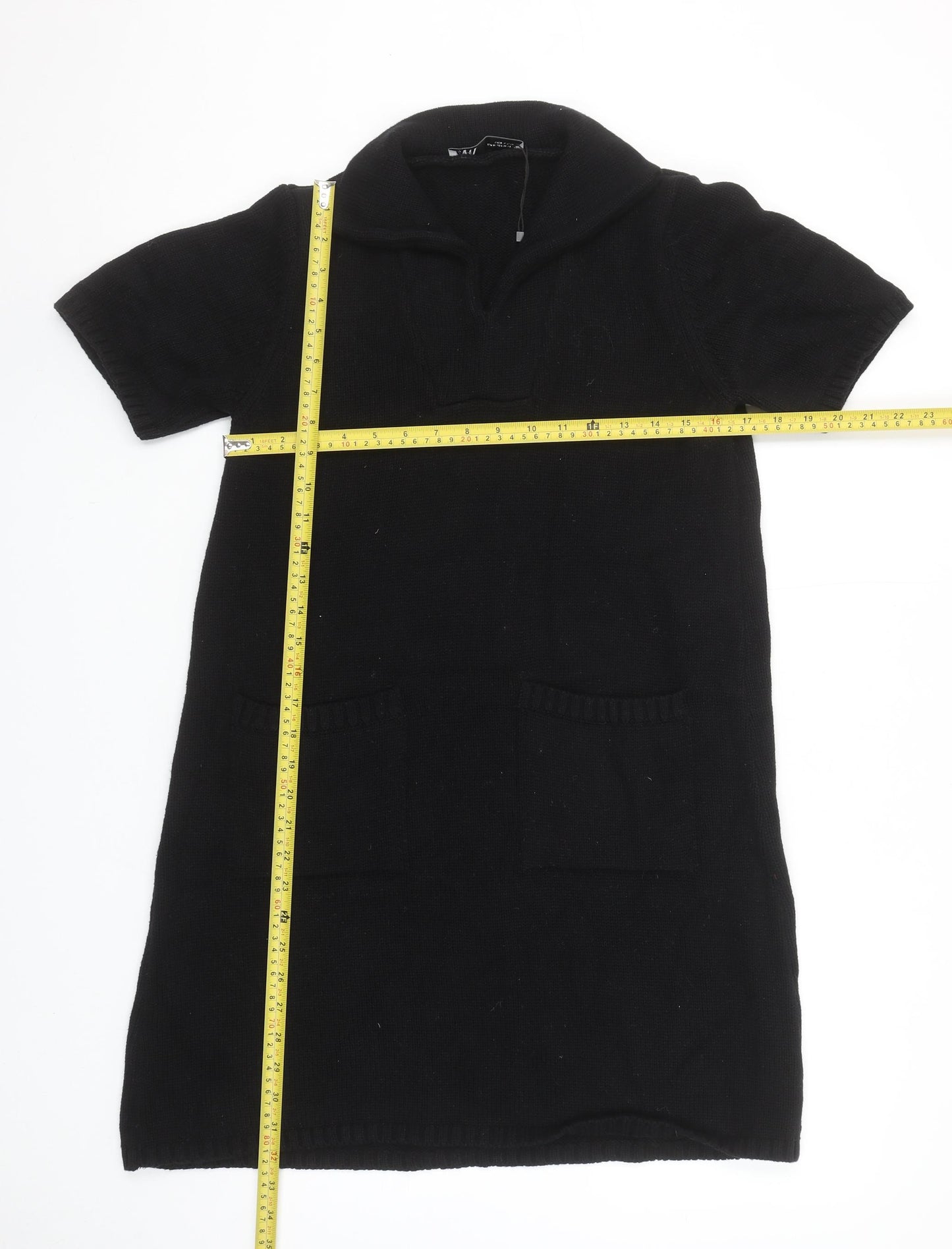 ZARA Womens Black Cotton Knit Jumper Dress Size 10 Short Sleeve Collared