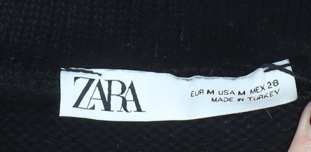ZARA Womens Black Cotton Knit Jumper Dress Size 10 Short Sleeve Collared