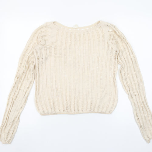 Urban Outfitters Women Beige Crochet Knit Long Sleeve Cropped Blouse M