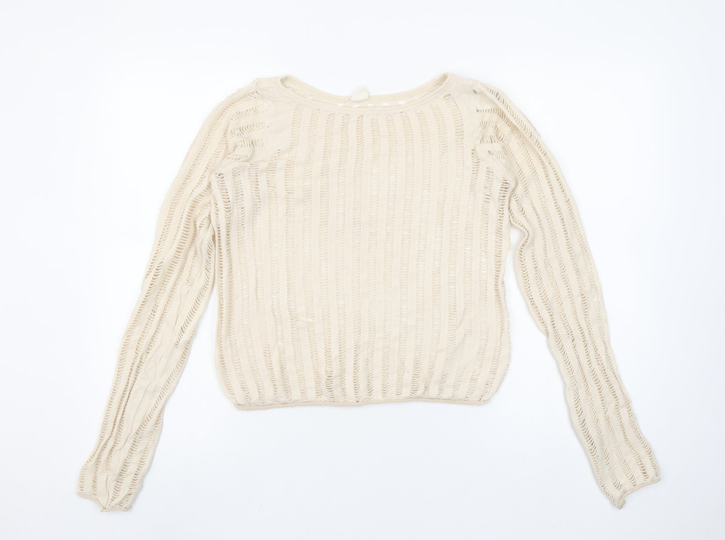 Urban Outfitters Women Beige Crochet Knit Long Sleeve Cropped Blouse M