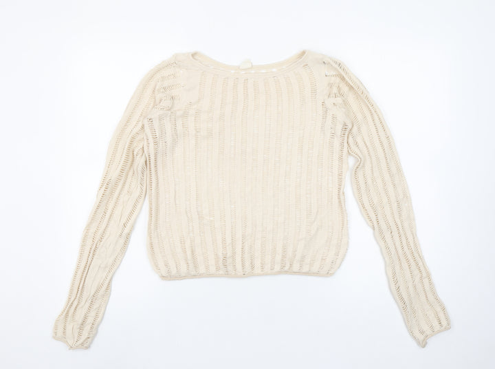 Urban Outfitters Women Beige Crochet Knit Long Sleeve Cropped Blouse M