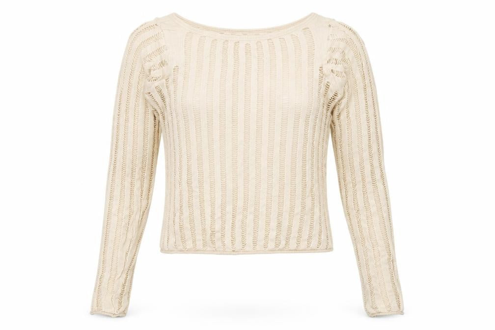 Urban Outfitters Women Beige Crochet Knit Long Sleeve Cropped Blouse M