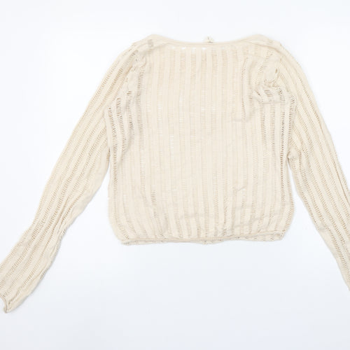 Urban Outfitters Women Beige Crochet Knit Long Sleeve Cropped Blouse M
