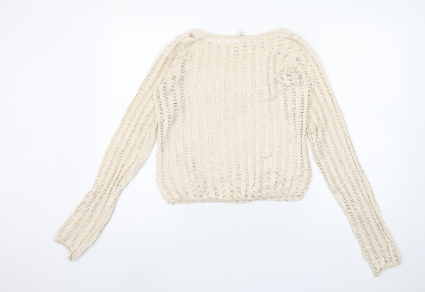 Urban Outfitters Women Beige Crochet Knit Long Sleeve Cropped Blouse M