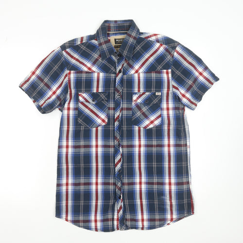 Jack & Jones Men's Blue Plaid Cotton Short Sleeve Button-Up Shirt M