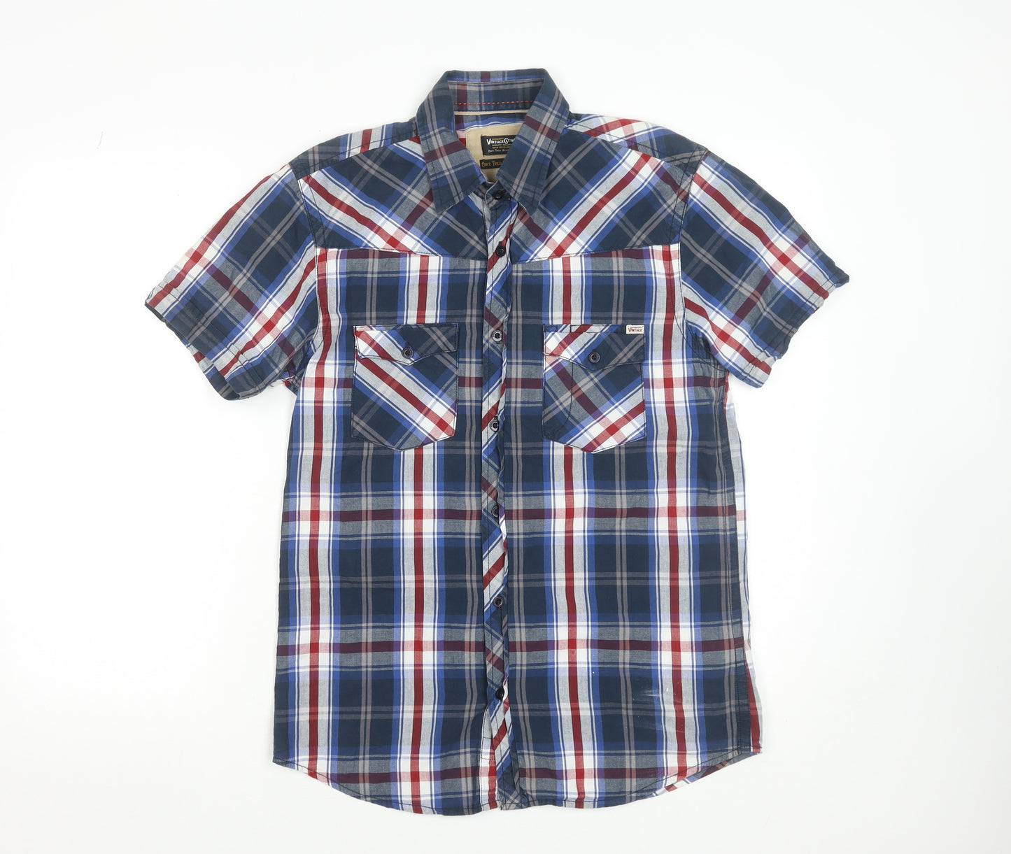 Jack & Jones Men's Blue Plaid Cotton Short Sleeve Button-Up Shirt M