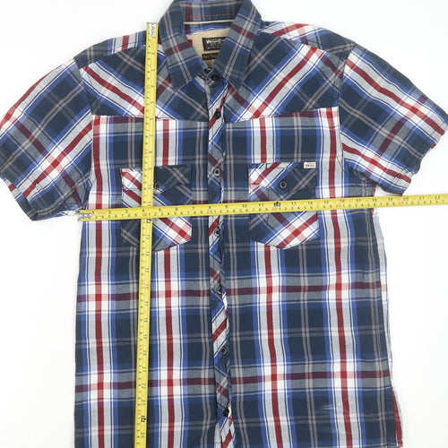 Jack & Jones Men's Blue Plaid Cotton Short Sleeve Button-Up Shirt M