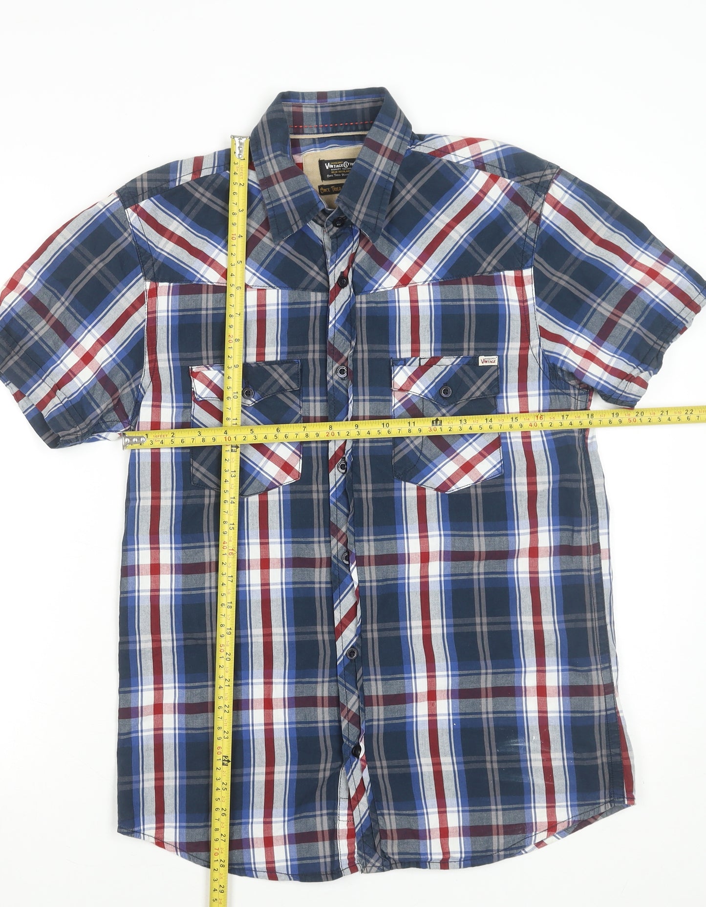 Jack & Jones Men's Blue Plaid Cotton Short Sleeve Button-Up Shirt M
