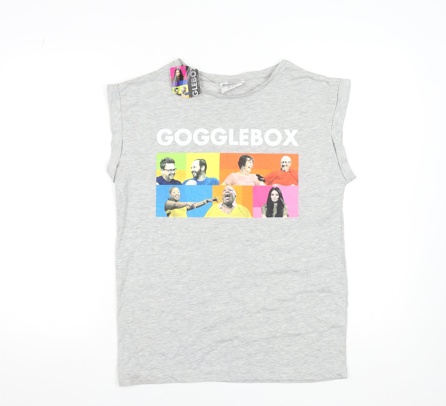 Gogglebox Women's Grey Sleeveless Crew Neck Graphic T-Shirt Size 8