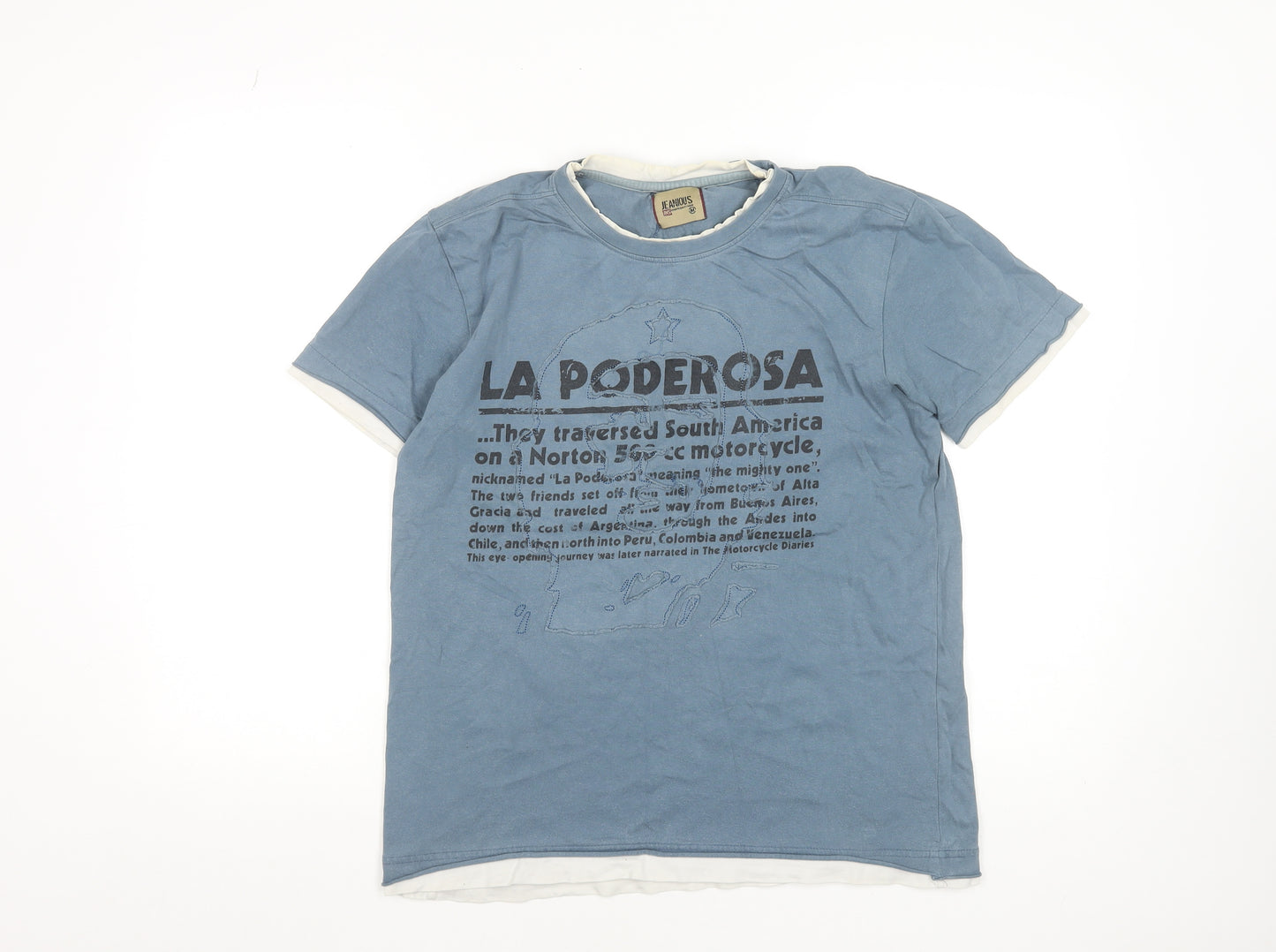 Jeanious Men's Blue Graphic Print Cotton T-Shirt Size M La Poderosa Design