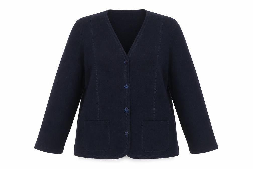 Front view of Isis women’s blue wool v-neck button cardigan, size M