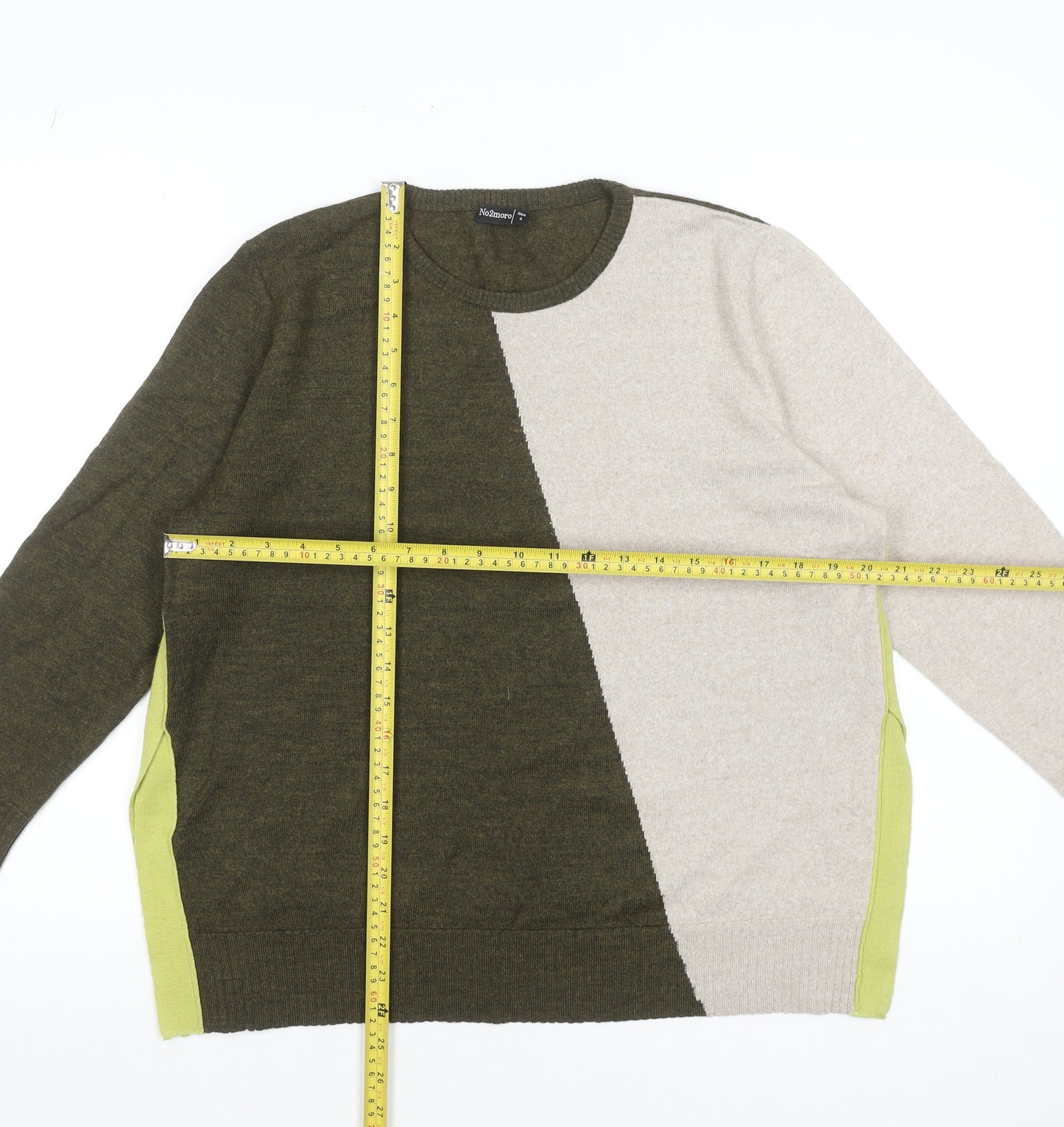No2moro Women’s Green Colour Block Wool Blend Crew Neck Jumper Size 4