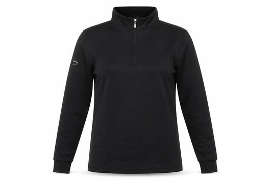 Front view of Kartel women’s black 1/4 zip lightweight softshell sports jacket, size S