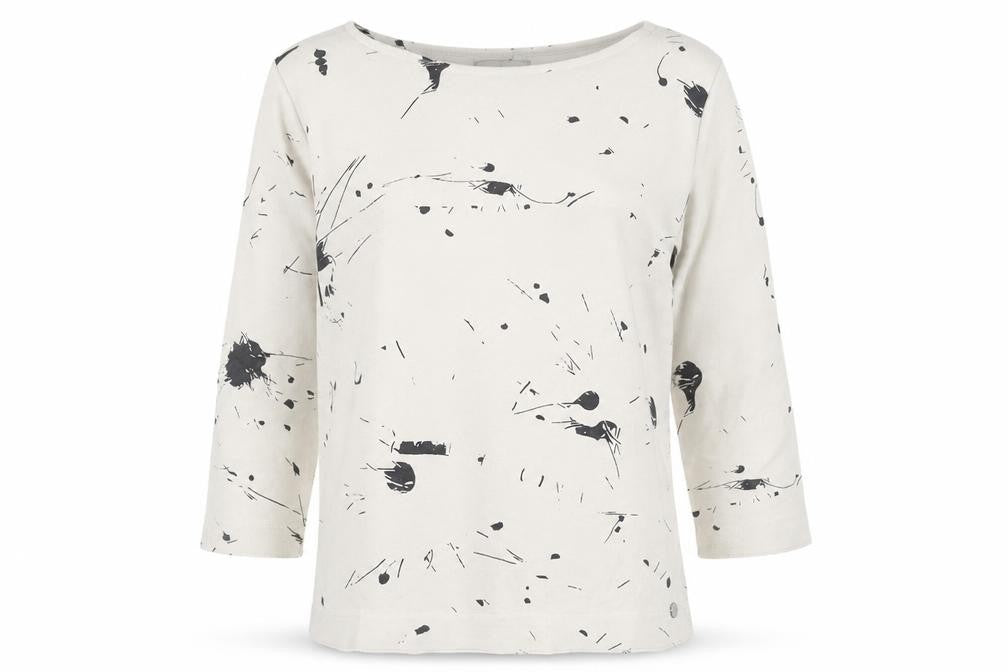 Front view of Via Appia Women Beige Black Paint Print Pullover Sweatshirt UK 12