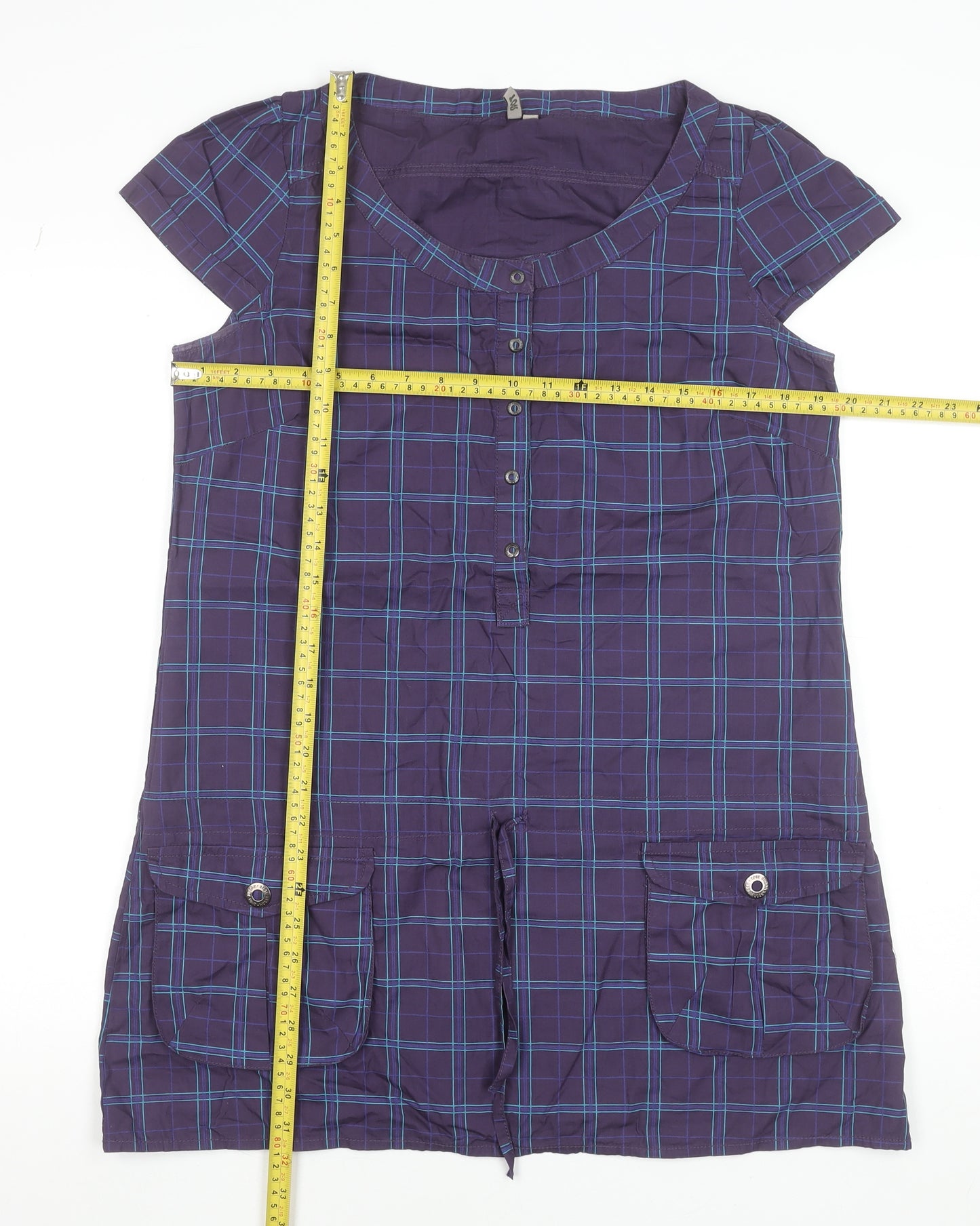 SPOT Women Purple Check Shirt Dress Size 14 Cotton Short Sleeve