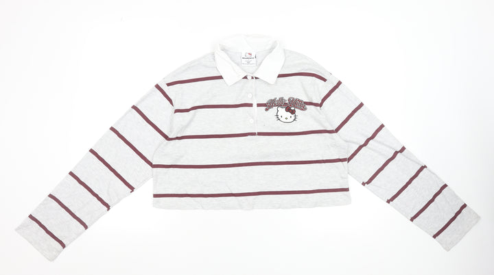 Hello Kitty x Primark Women's Grey Striped Cropped Polo Top 2XS
