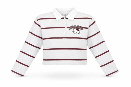 Front view of Primark Hello Kitty x Primark Women's Grey Striped Cropped Polo Top 2XS