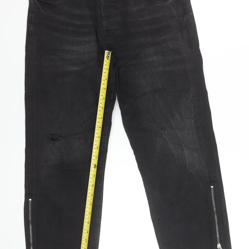 Zara Woman Black Distressed Skinny Jeans with Ankle Zips Size 10