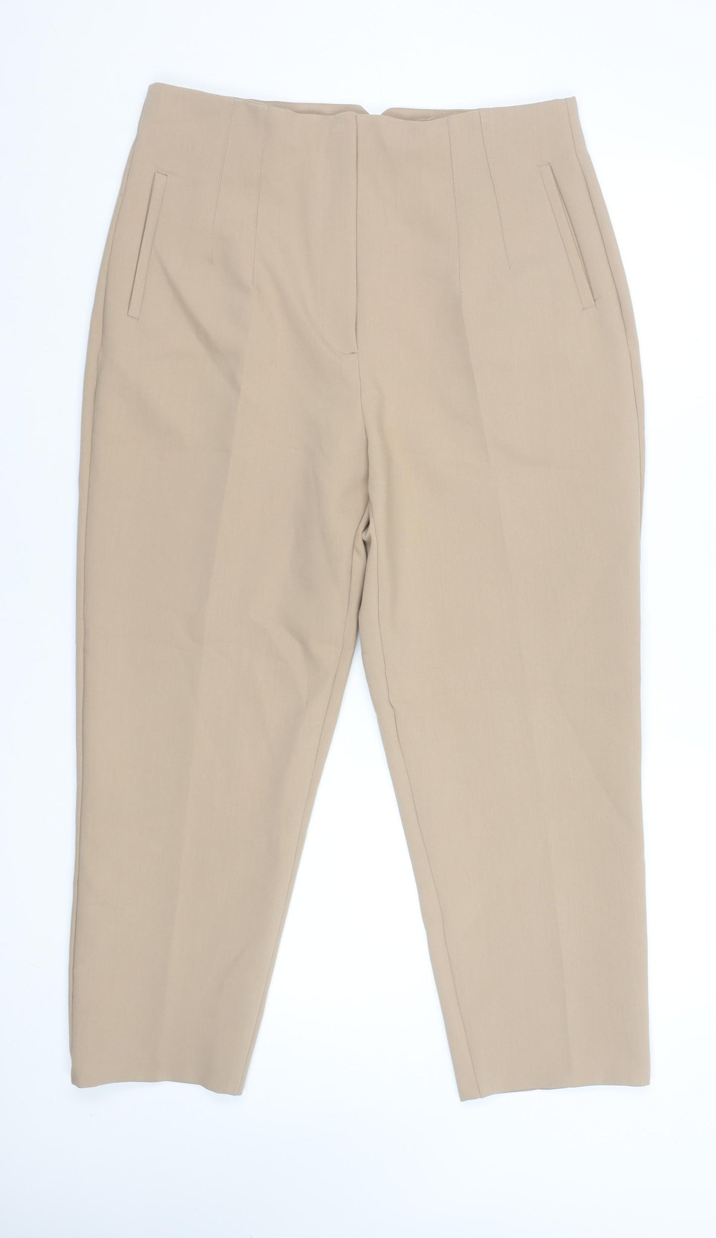 Zara Women Beige Slim Fit Cropped Tapered Work Trousers Size 18