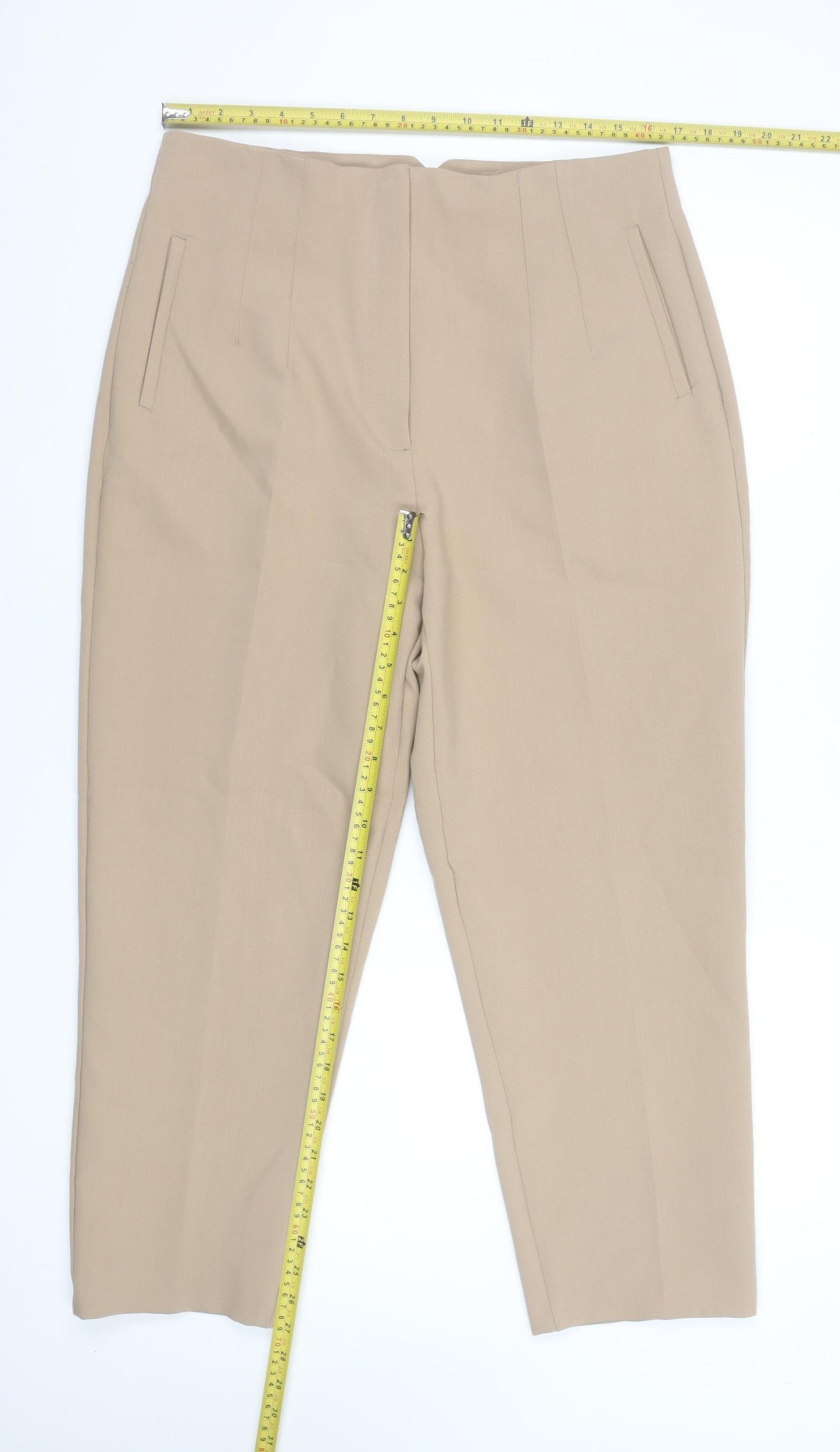 Zara Women Beige Slim Fit Cropped Tapered Work Trousers Size 18