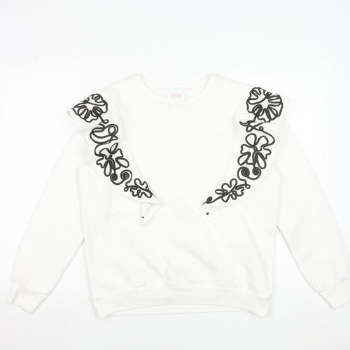 Savida Women White Embroidered Ruffle Sweatshirt Size 12