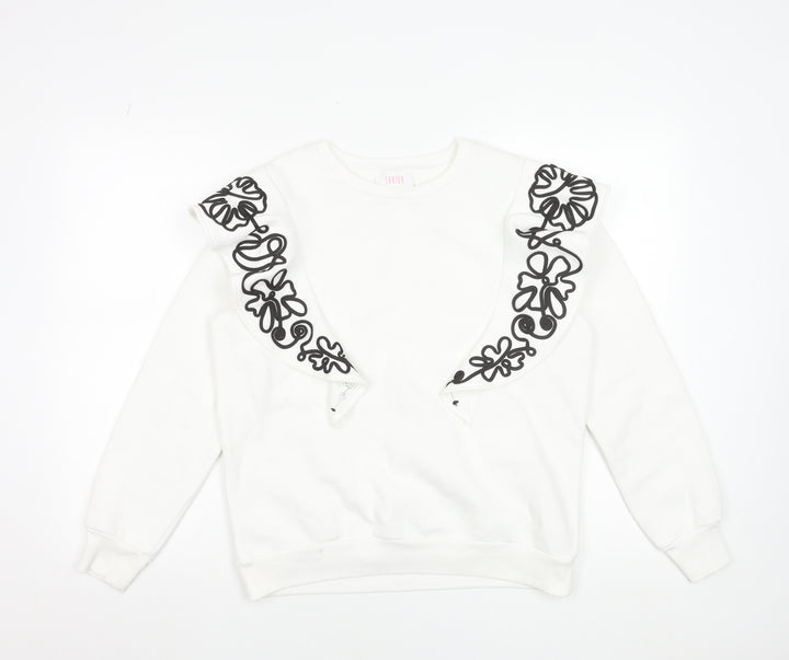 Savida Women White Embroidered Ruffle Sweatshirt Size 12