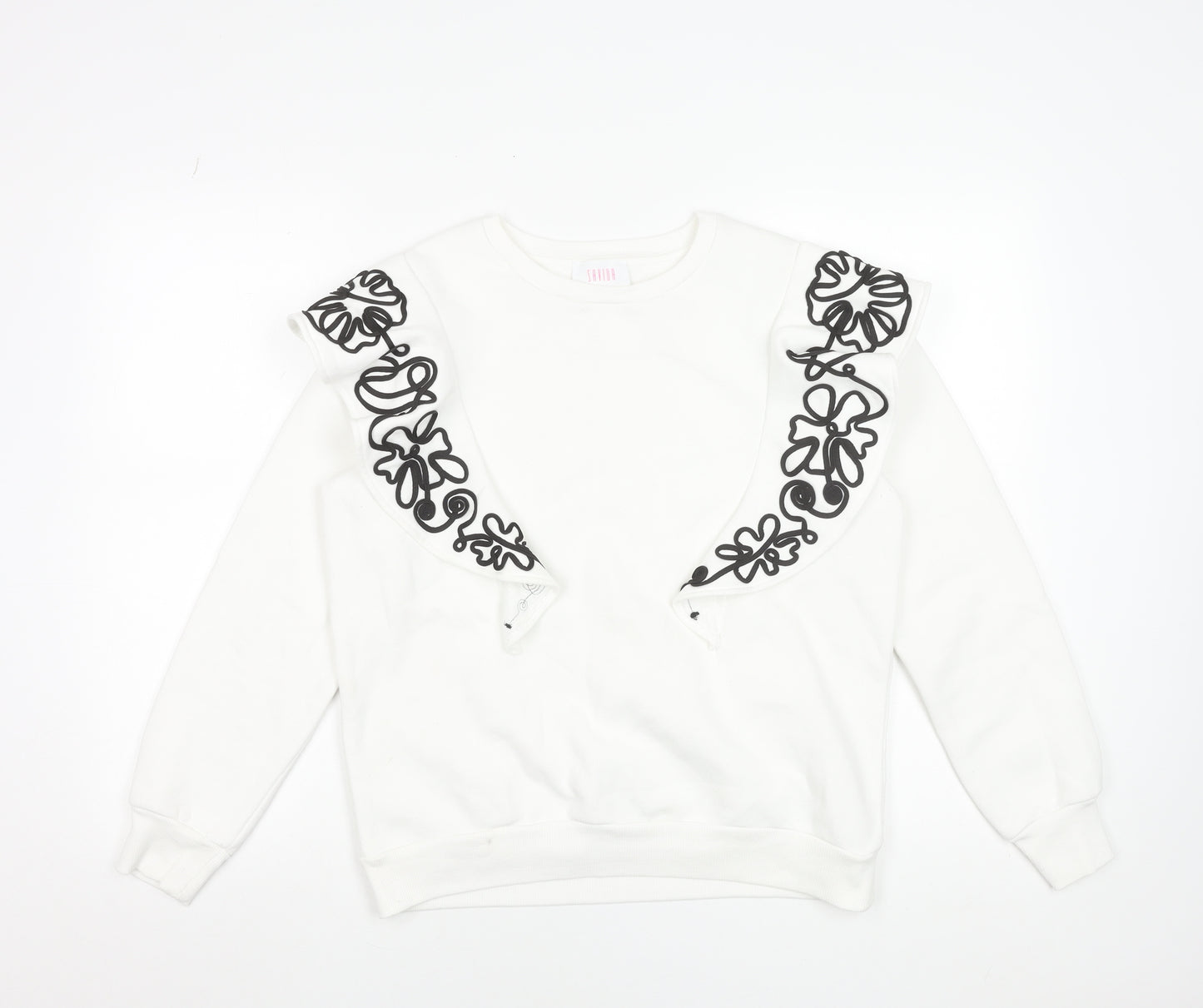 Savida Women White Embroidered Ruffle Sweatshirt Size 12