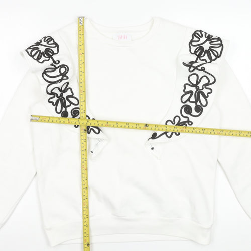 Savida Women White Embroidered Ruffle Sweatshirt Size 12