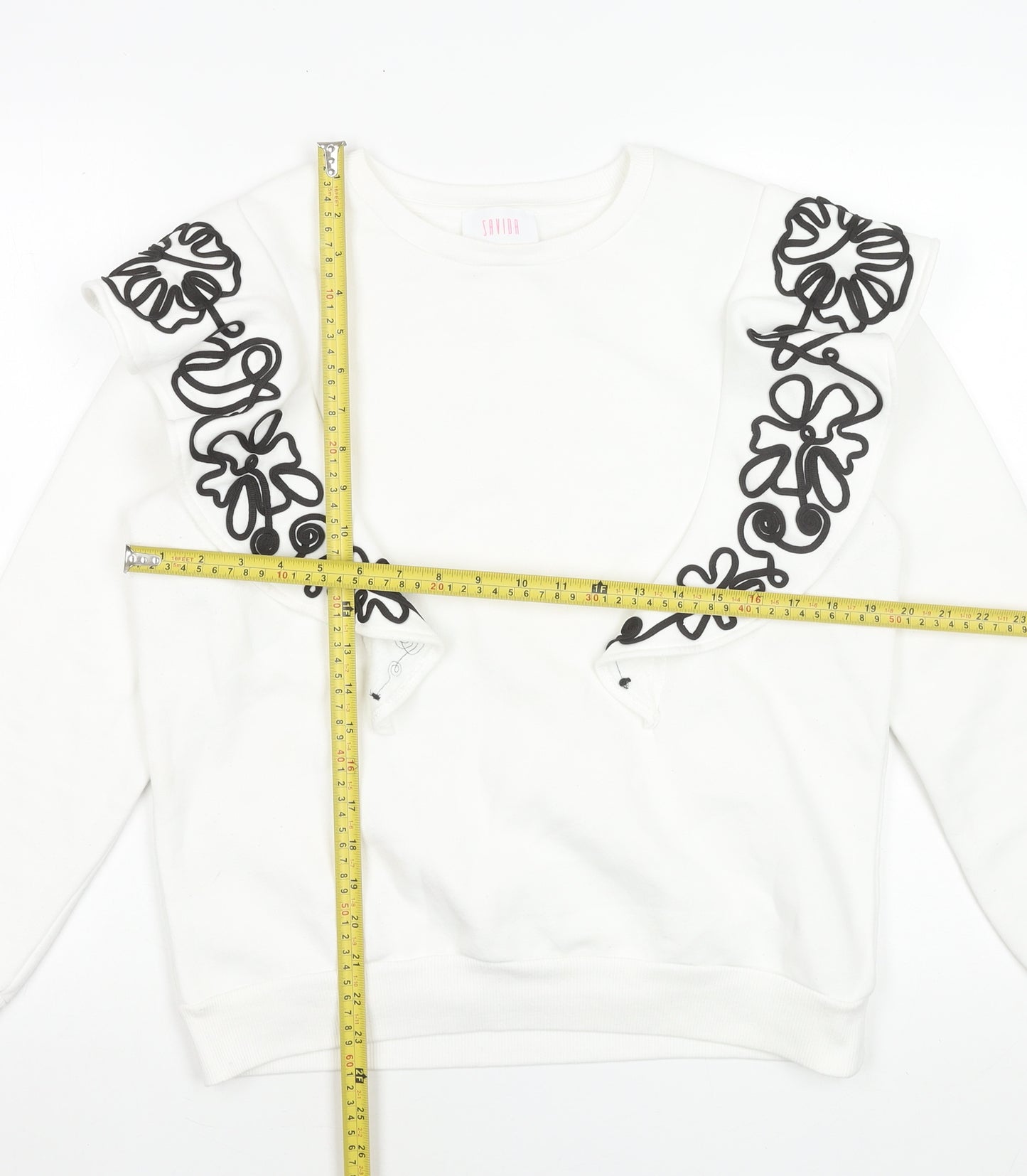 Savida Women White Embroidered Ruffle Sweatshirt Size 12