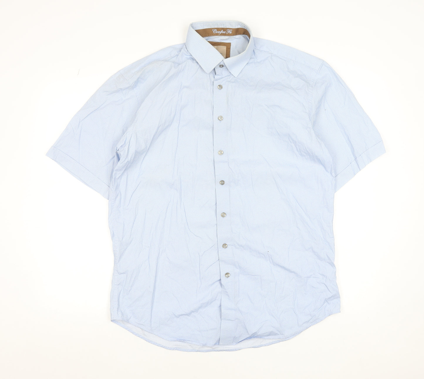 Benetti Men's Blue Short Sleeve Cotton Check Dress Shirt L