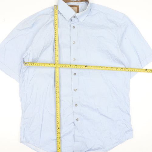 Benetti Men's Blue Short Sleeve Cotton Check Dress Shirt L