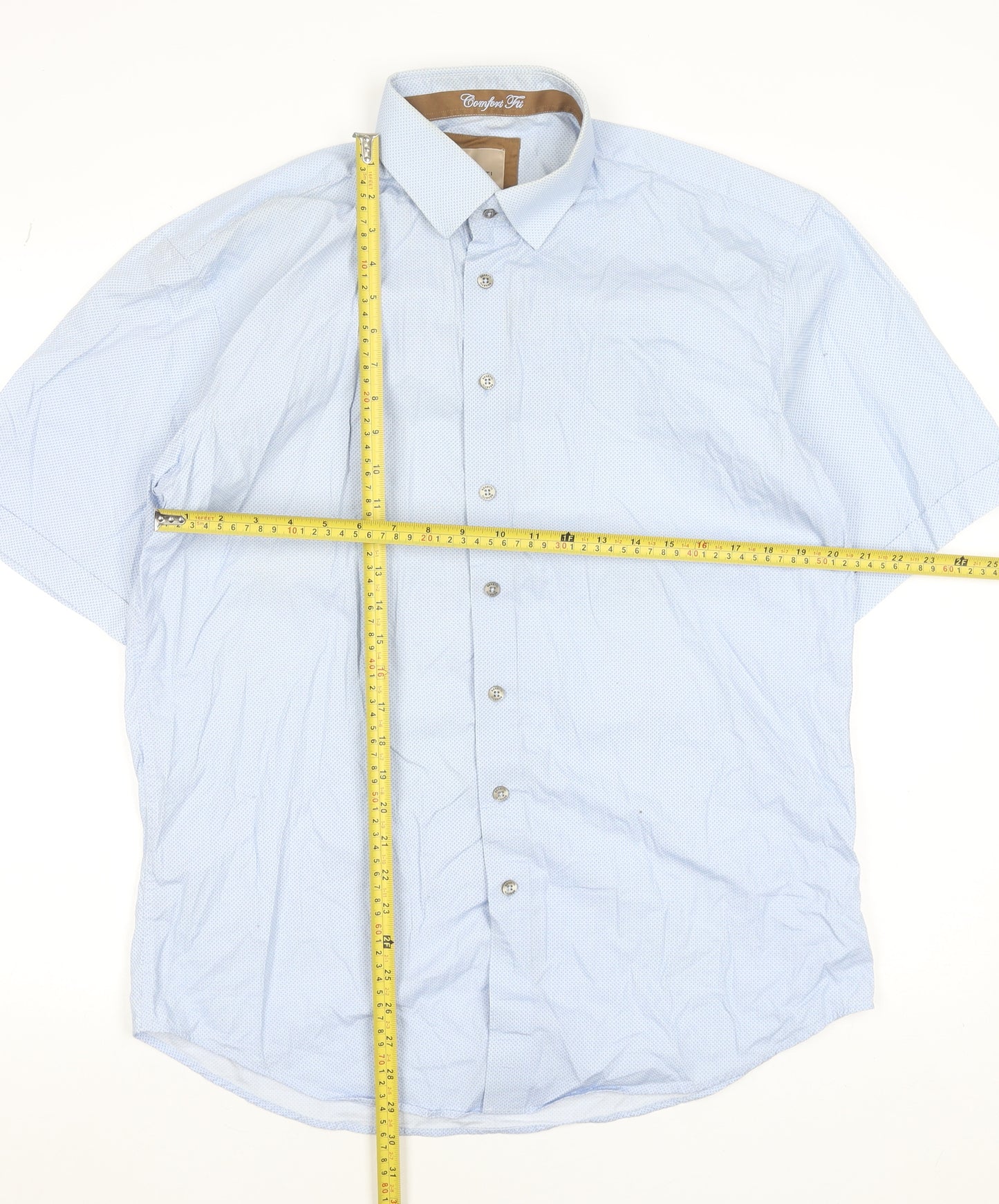 Benetti Men's Blue Short Sleeve Cotton Check Dress Shirt L