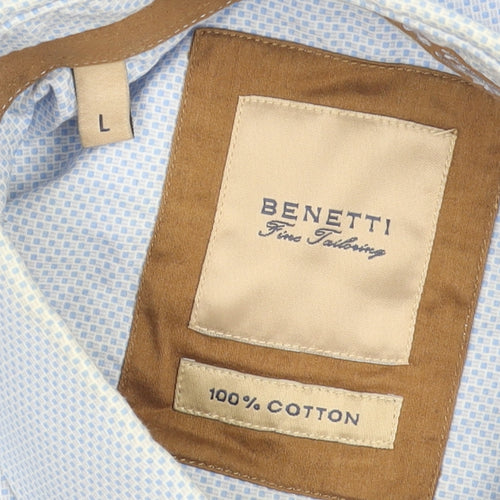 Benetti Men's Blue Short Sleeve Cotton Check Dress Shirt L