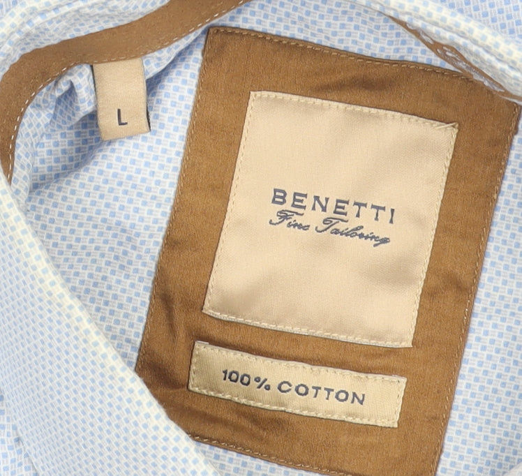 Benetti Men's Blue Short Sleeve Cotton Check Dress Shirt L