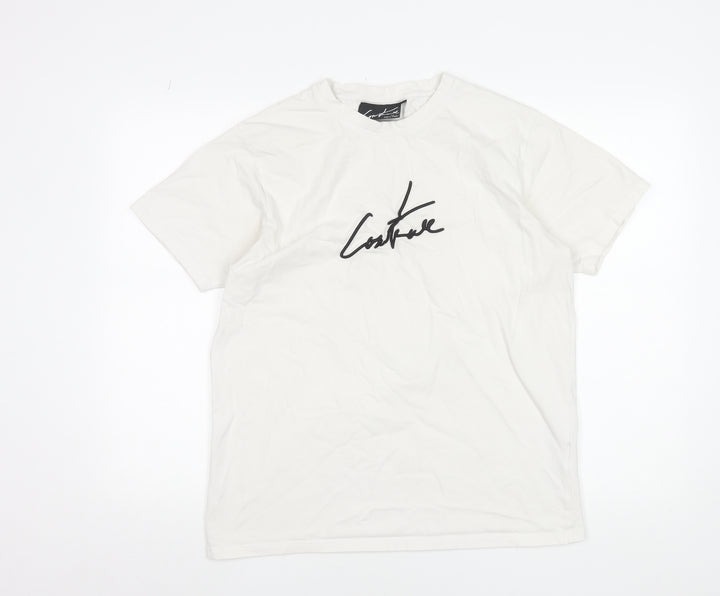 Couture Men's White Graphic Logo T-Shirt L Crew Neck Jersey Cotton