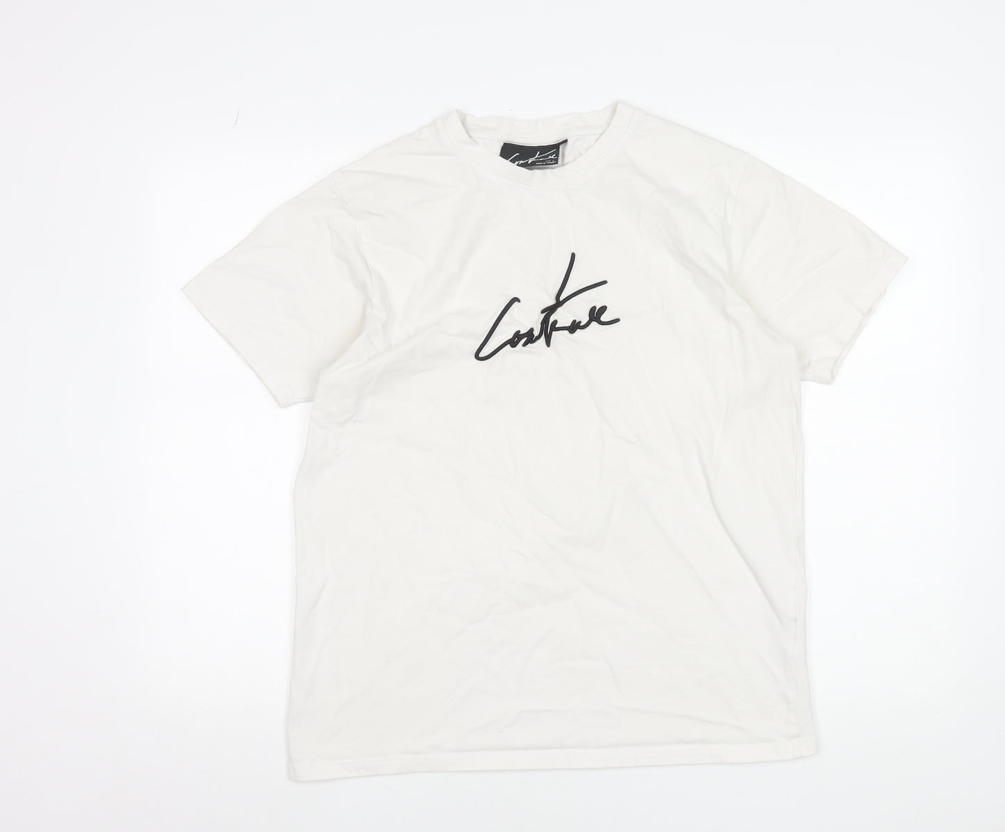 Couture Men's White Graphic Logo T-Shirt L Crew Neck Jersey Cotton