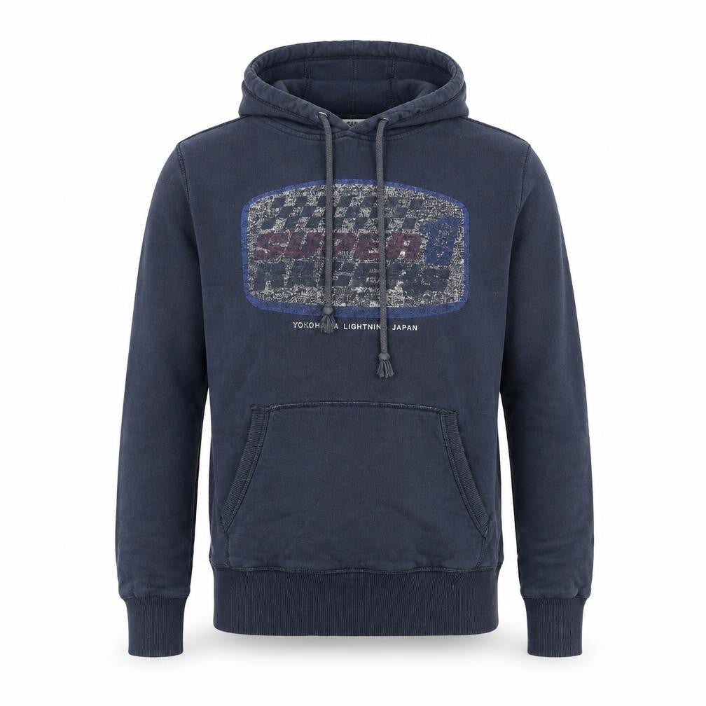 Front view of Superdry men’s navy blue pullover hoodie medium cotton blend
