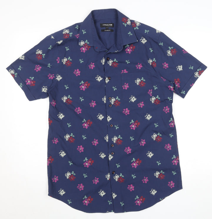 Debenhams Men's Blue Floral Classic Fit Short Sleeve Button-Up Shirt Size S