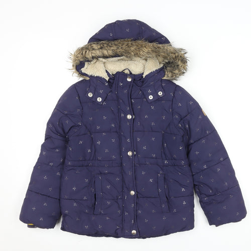 Joules Girls Blue 7-8 Years Hooded Puffer Coat with Faux Fur Trim