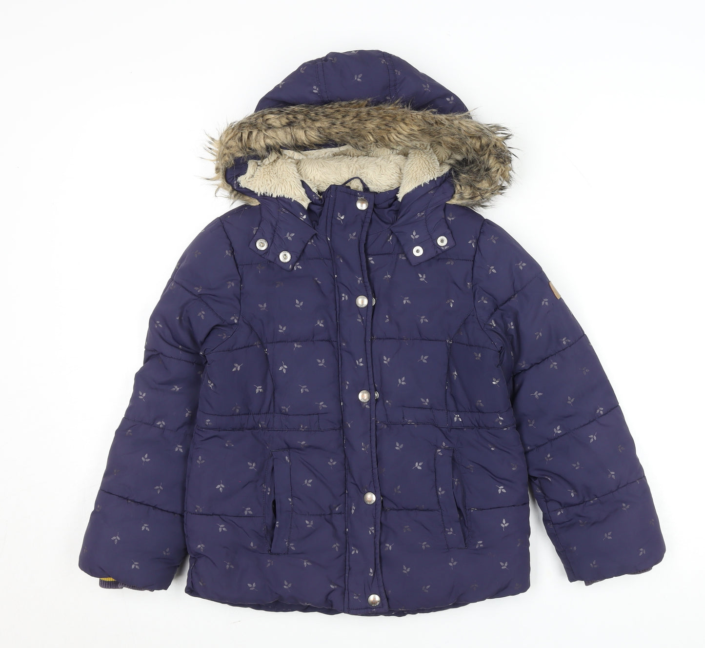 Joules Girls Blue 7-8 Years Hooded Puffer Coat with Faux Fur Trim