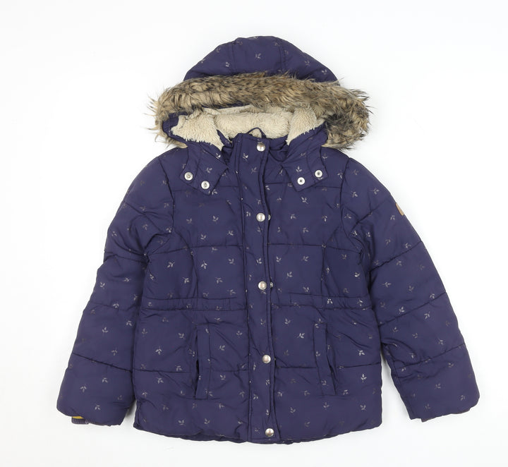 Joules Girls Blue 7-8 Years Hooded Puffer Coat with Faux Fur Trim