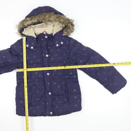 Joules Girls Blue 7-8 Years Hooded Puffer Coat with Faux Fur Trim