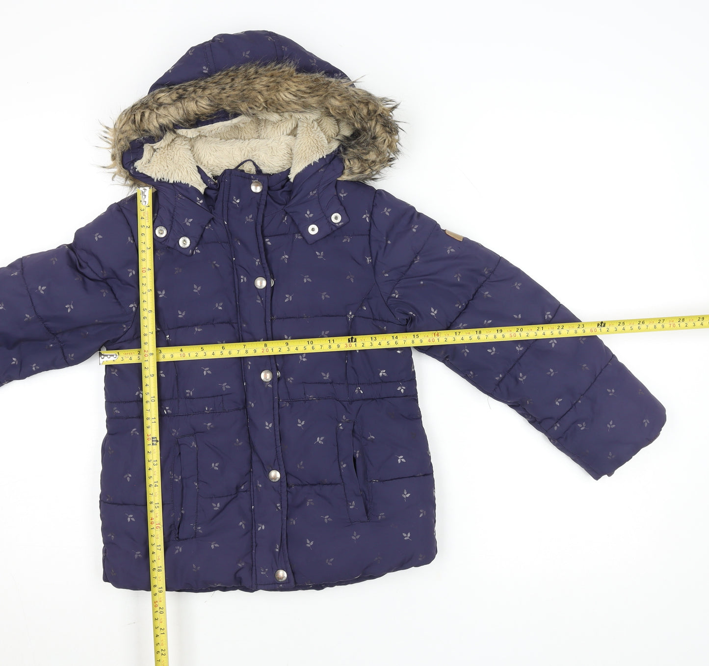 Joules Girls Blue 7-8 Years Hooded Puffer Coat with Faux Fur Trim
