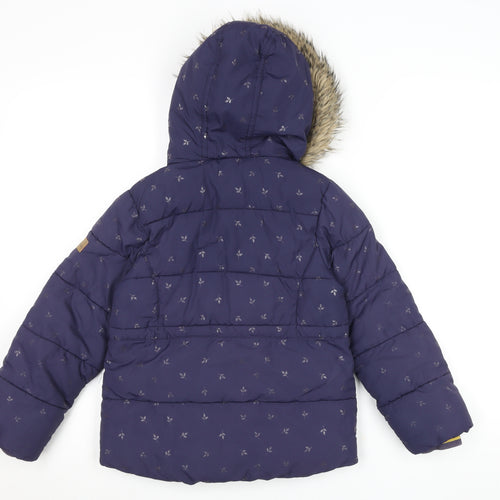 Joules Girls Blue 7-8 Years Hooded Puffer Coat with Faux Fur Trim