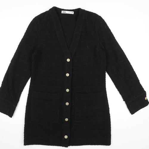 Zara Women Black Tweed Button Shift Dress Size S Long Sleeve