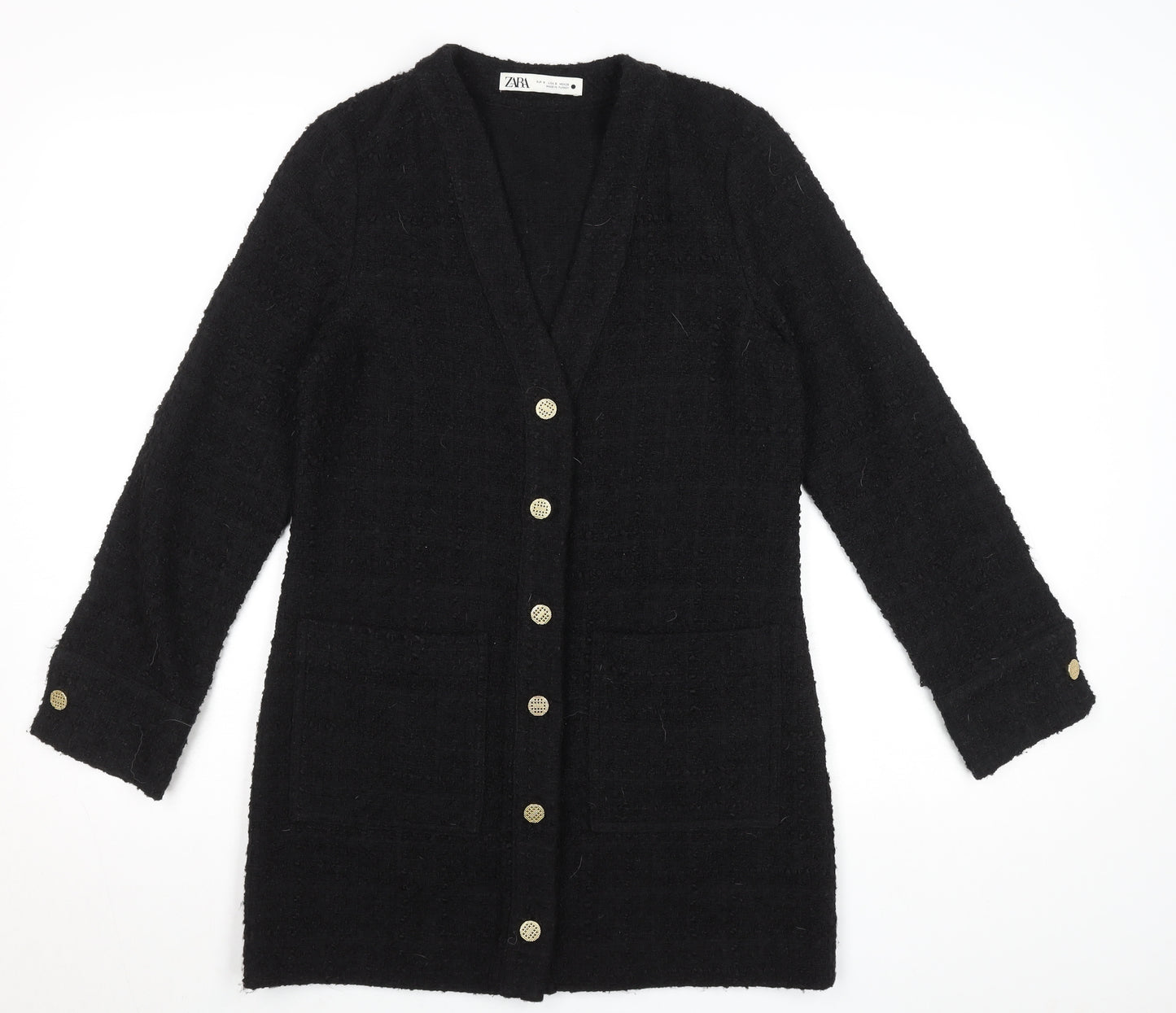 Zara Women Black Tweed Button Shift Dress Size S Long Sleeve